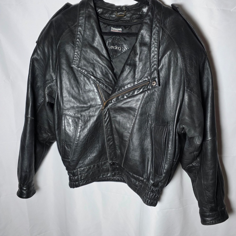 Alamo Landing Leather Jacket Mens Black Thinsulate Lined Moto Bomber Medium VTG